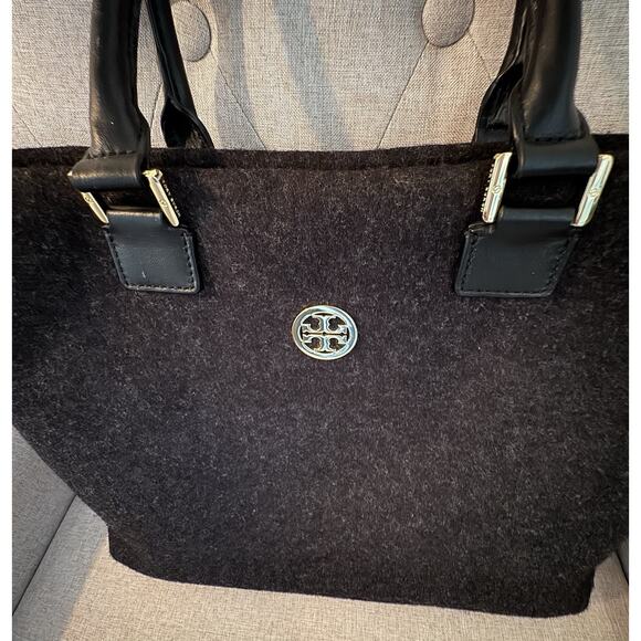 Tory Burch Ella Tote Felt Wool Leather Handbag Charcoal Gray Size Large - Picture 2 of 11